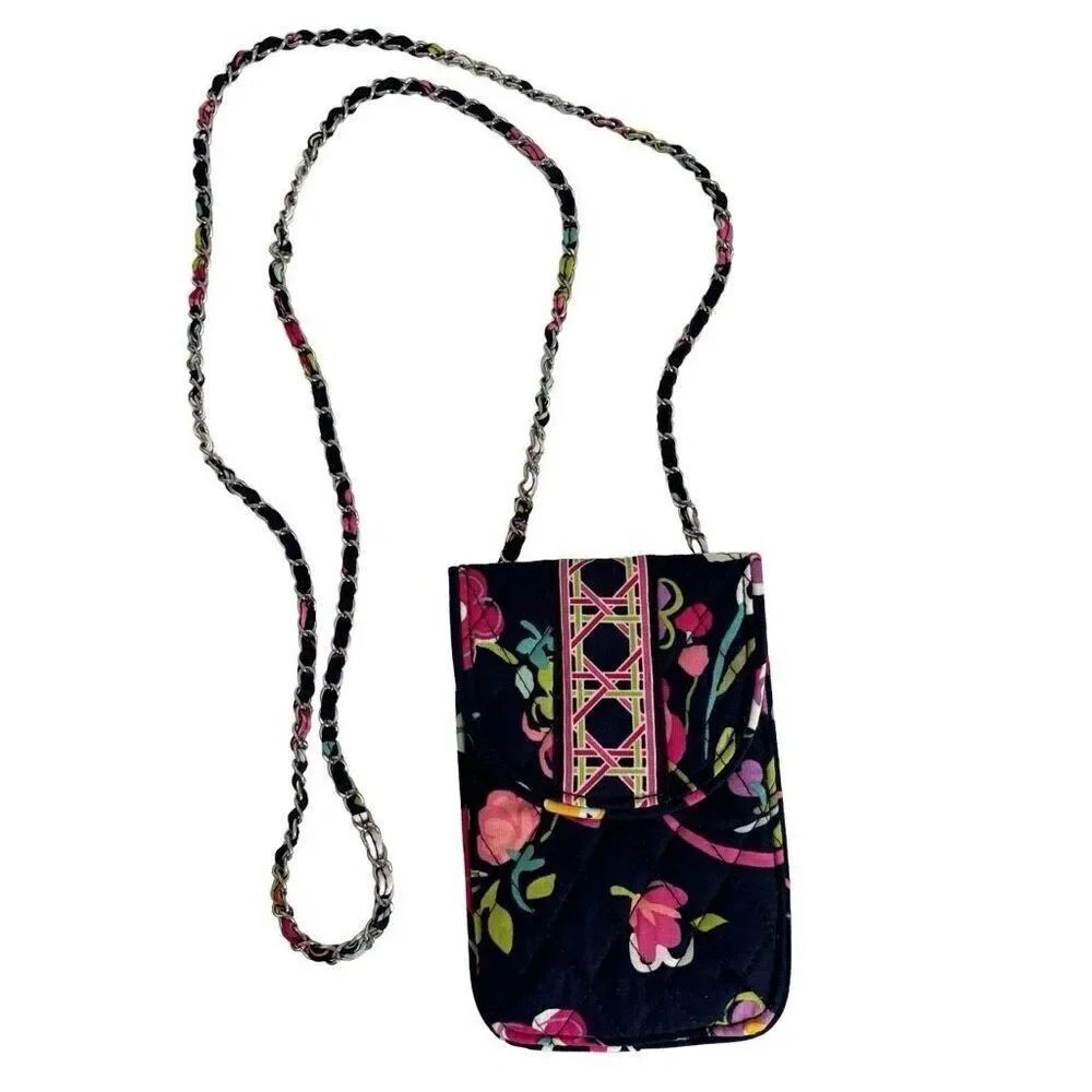 Vera Bradley Mini Crossbody Card Case Wallet Blue Floral Butterfly Ribbons Print